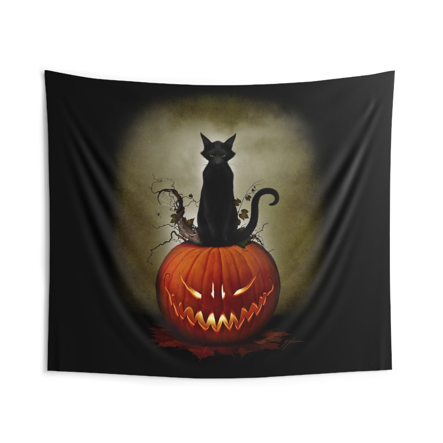 Cat O' Lantern tapestry — gothic Halloween cat art by Mister Sam Shearon, indoor wall hanging
