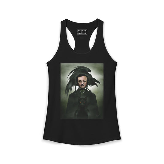 Edgar Allan Poe women's racerback tank by Mister Sam Shearon — gothic dark art, The Raven, horror literature, human-made, non-AI. 