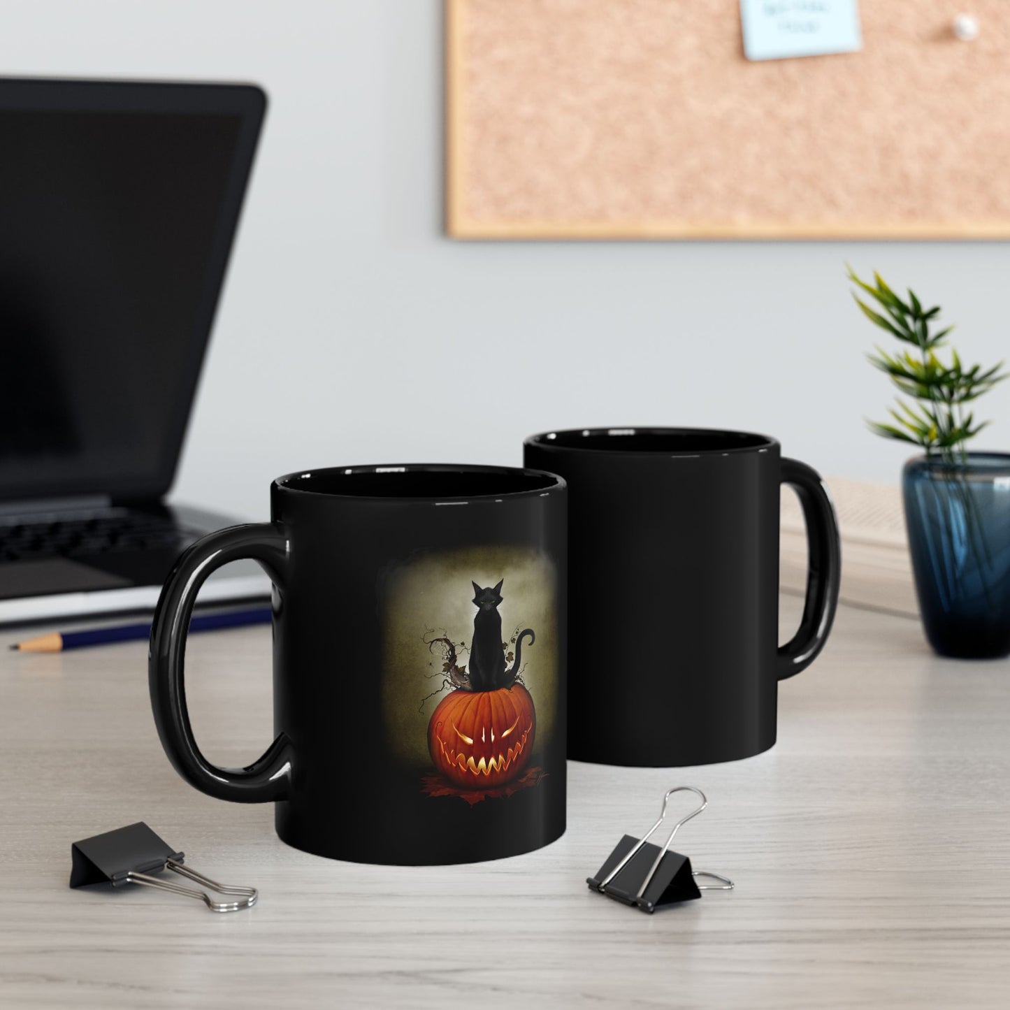 Cat O' Lantern All Hallows' Eve black ceramic mug — sinister dark art by Mister Sam Shearon, zero AI