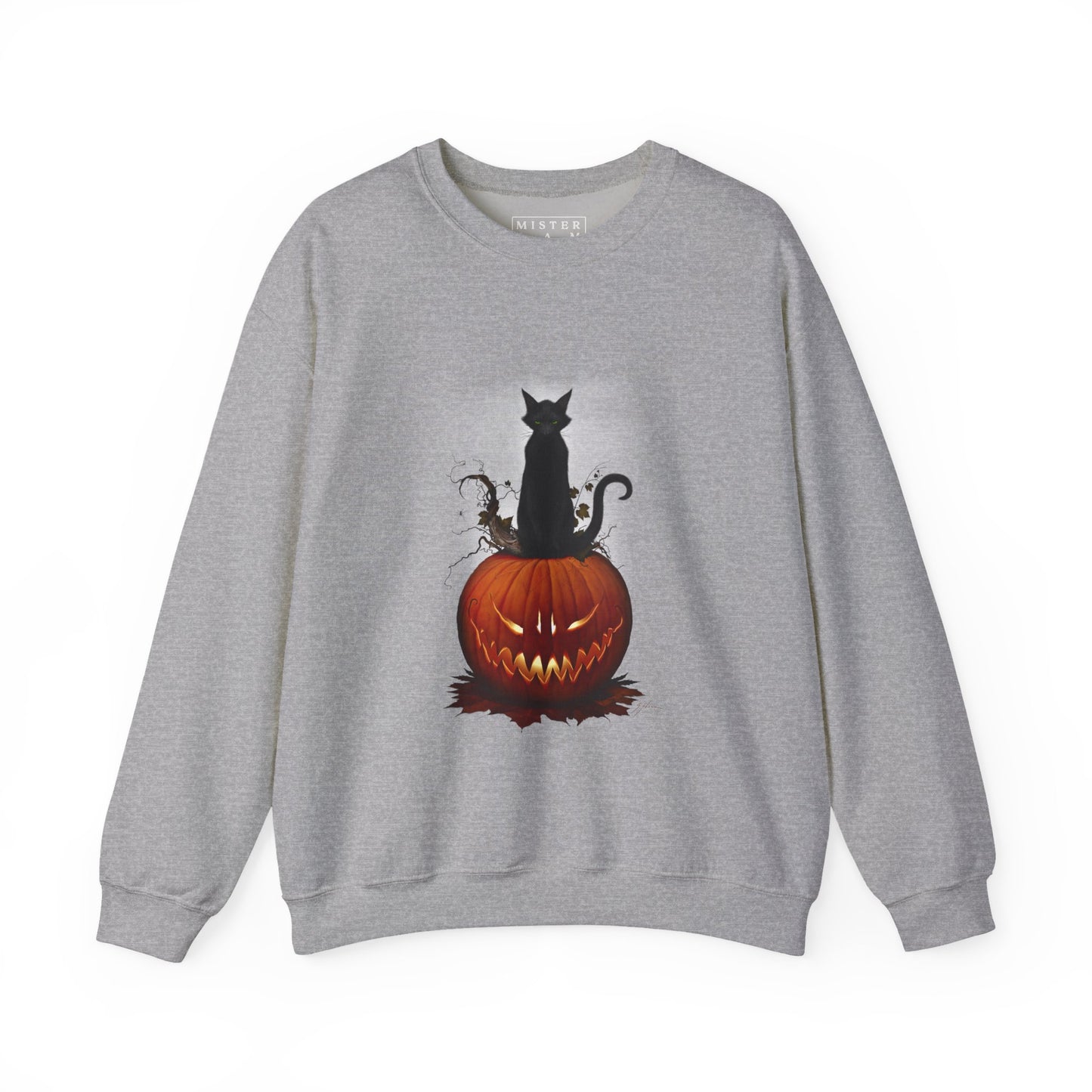 Cat O' Lantern sweatshirt grey — jack-o-lantern and black cat artwork by Mister Sam Shearon