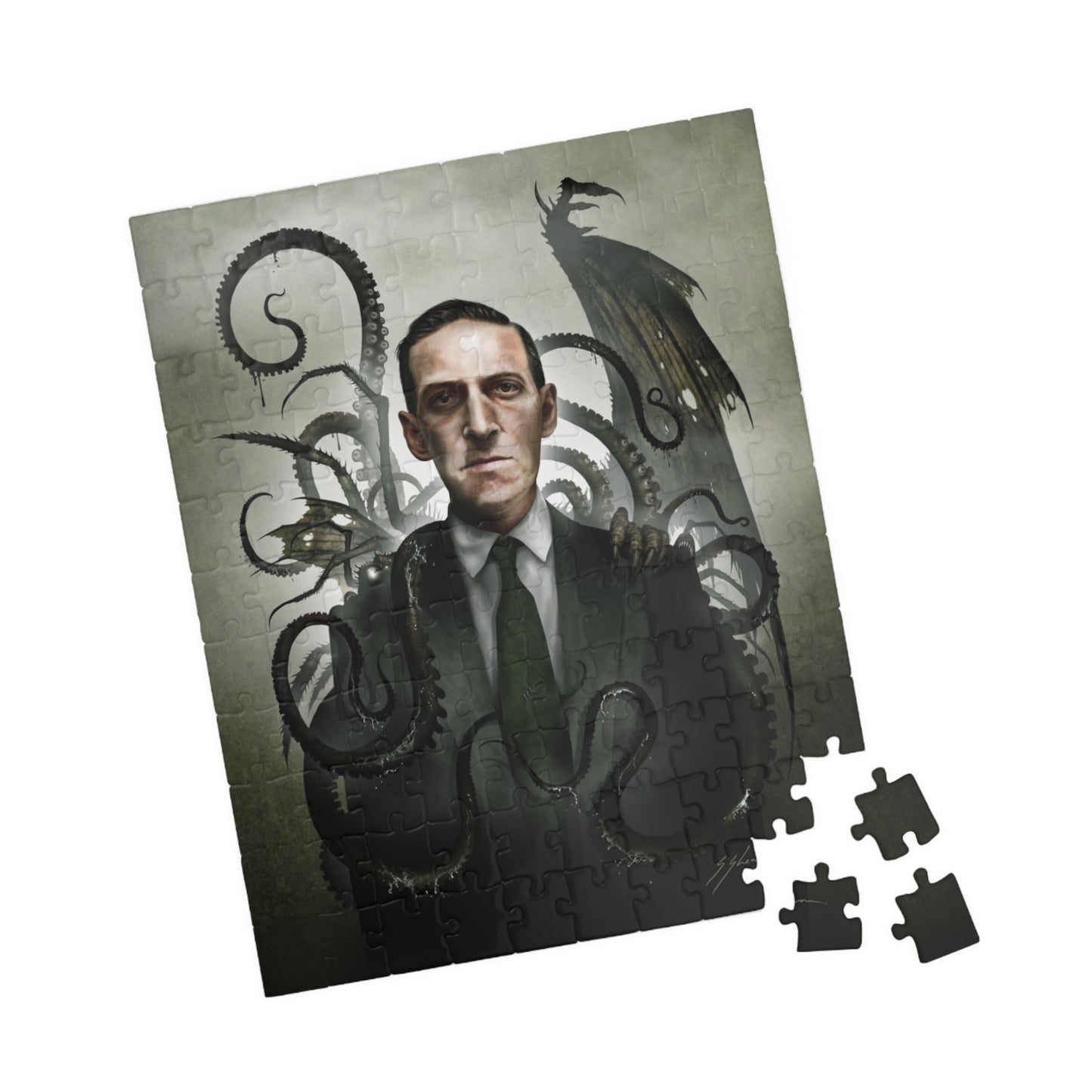 H.P. Lovecraft jigsaw puzzle by Mister Sam Shearon — Cthulhu cosmic horror gothic dark art, eldritch horror, human-made, non-AI. 