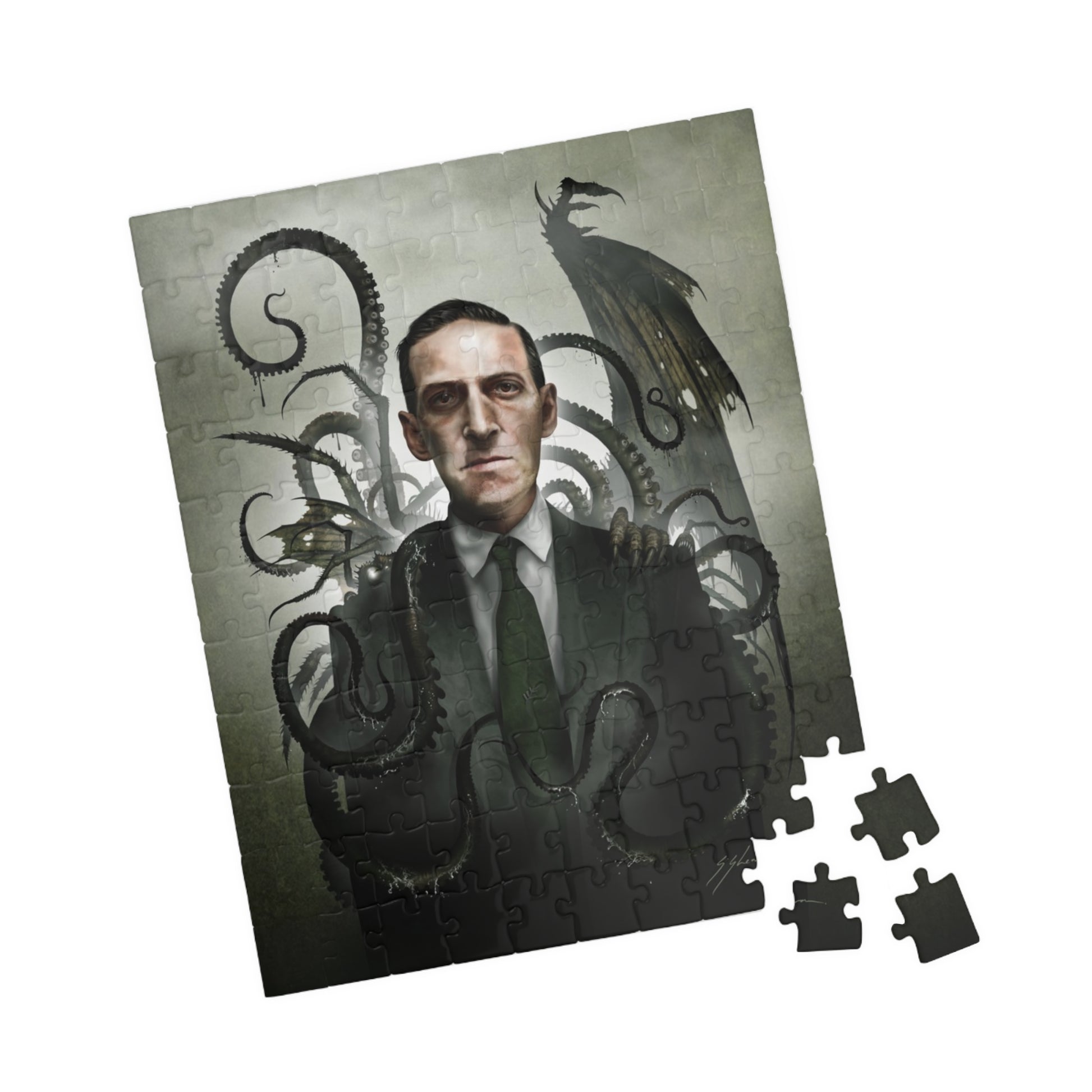 H.P. Lovecraft jigsaw puzzle by Mister Sam Shearon — Cthulhu cosmic horror gothic dark art, eldritch horror, human-made, non-AI. 
