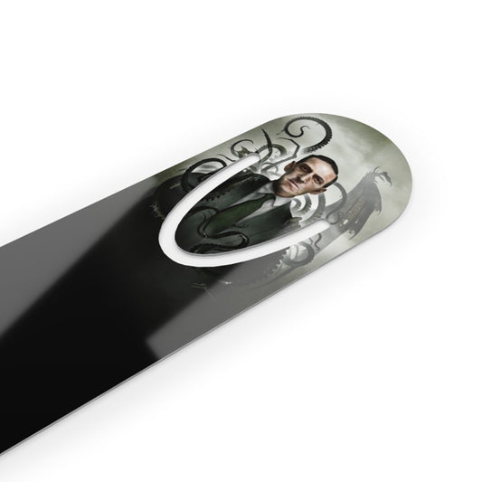 H.P. Lovecraft bookmark flat lay — Lovecraftian horror dark art by Mister Sam Shearon