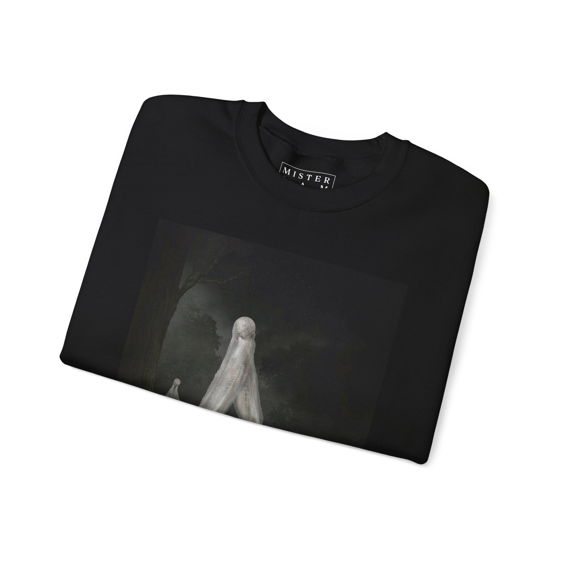 Nightcrawler crewneck sweatshirt flat lay — Mister Sam Shearon dark art design
