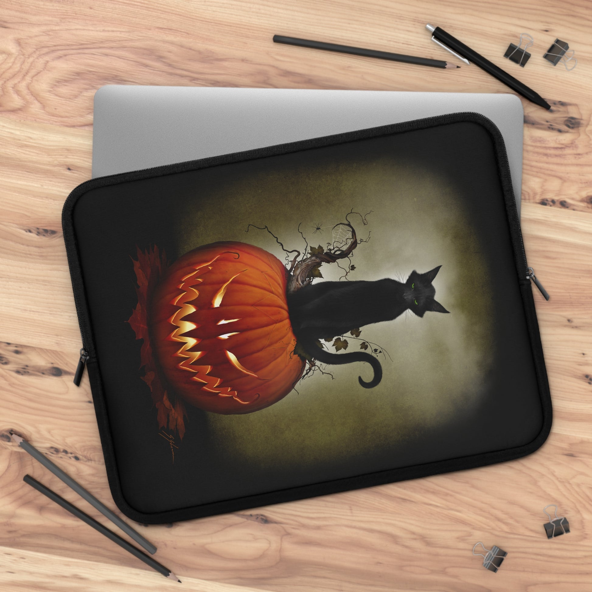 Cat O' Lantern sleeve detail — Mister Sam Shearon Halloween art print close-up