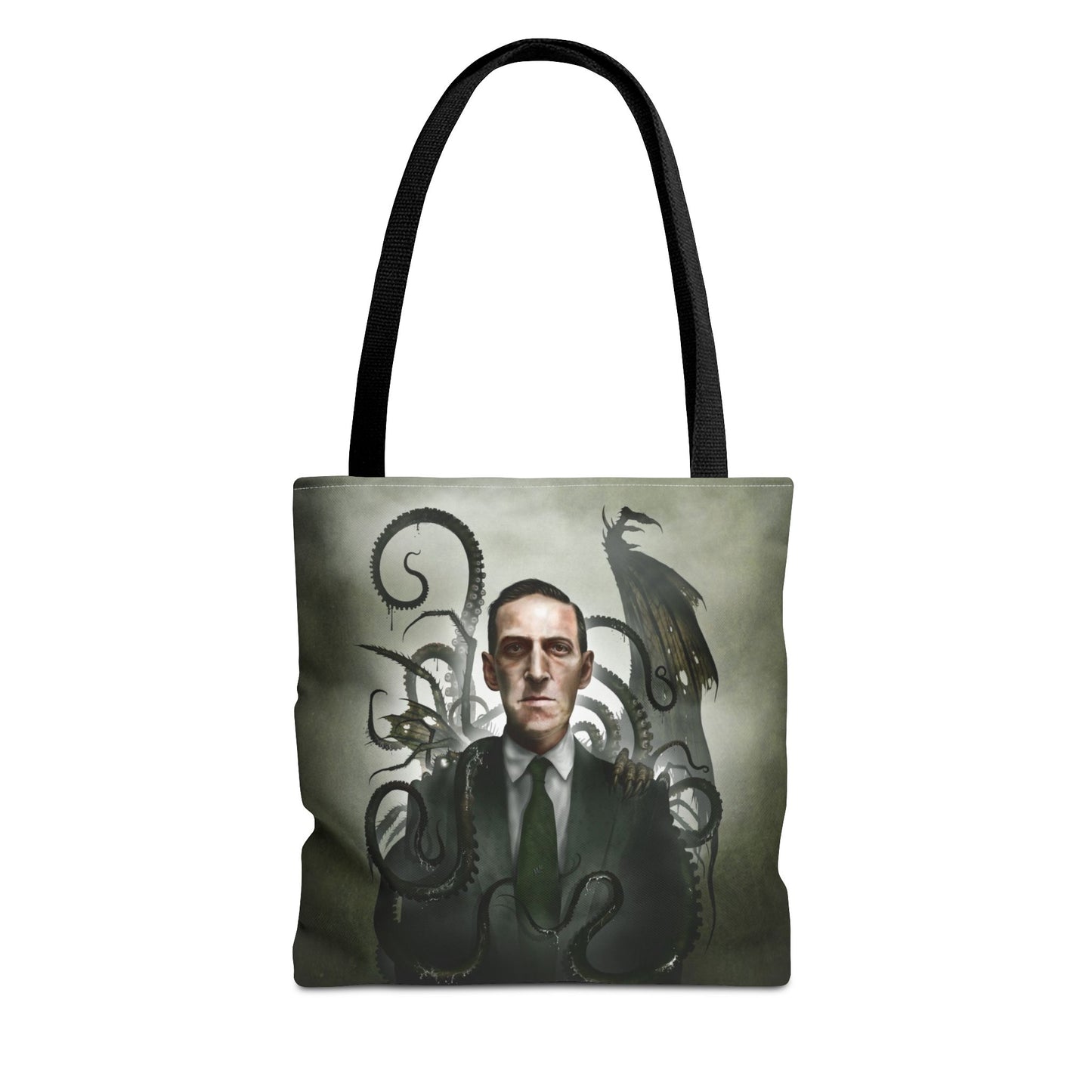 H.P. Lovecraft all-over print tote bag — original cosmic horror dark art by Mister Sam Shearon