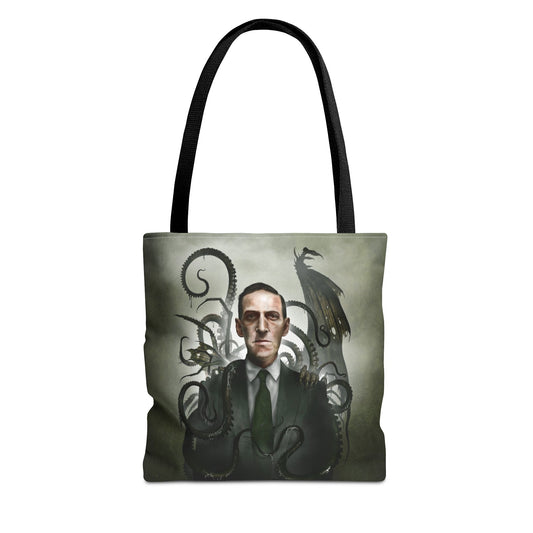 H.P. Lovecraft all-over print tote bag — original cosmic horror dark art by Mister Sam Shearon