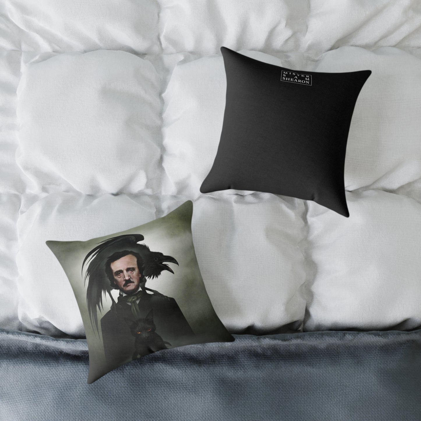 Edgar Allan Poe gothic pillow — The Raven dark art home decor by Mister Sam Shearon 