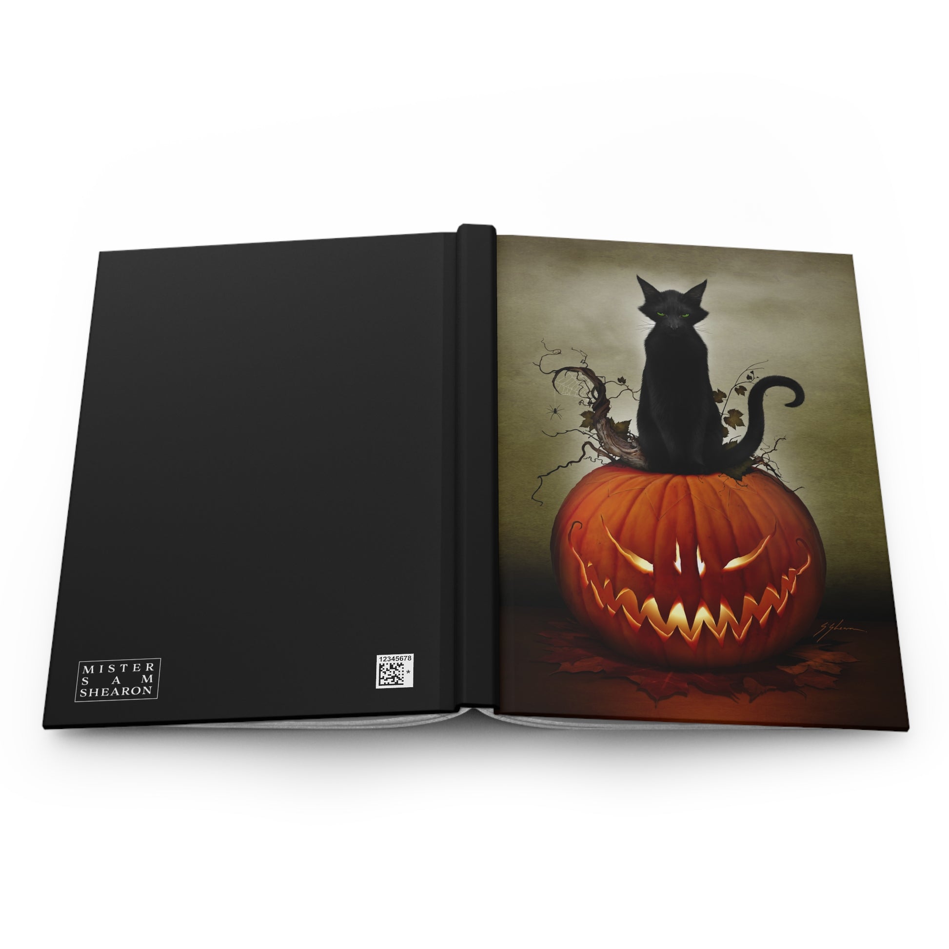 Cat O' Lantern matte journal open pages — 150 lined pages, Halloween dark art