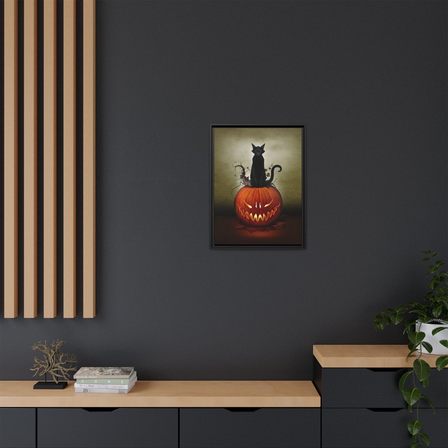 Cat O' Lantern canvas packaging — framed Halloween dark art by Mister Sam Shearon