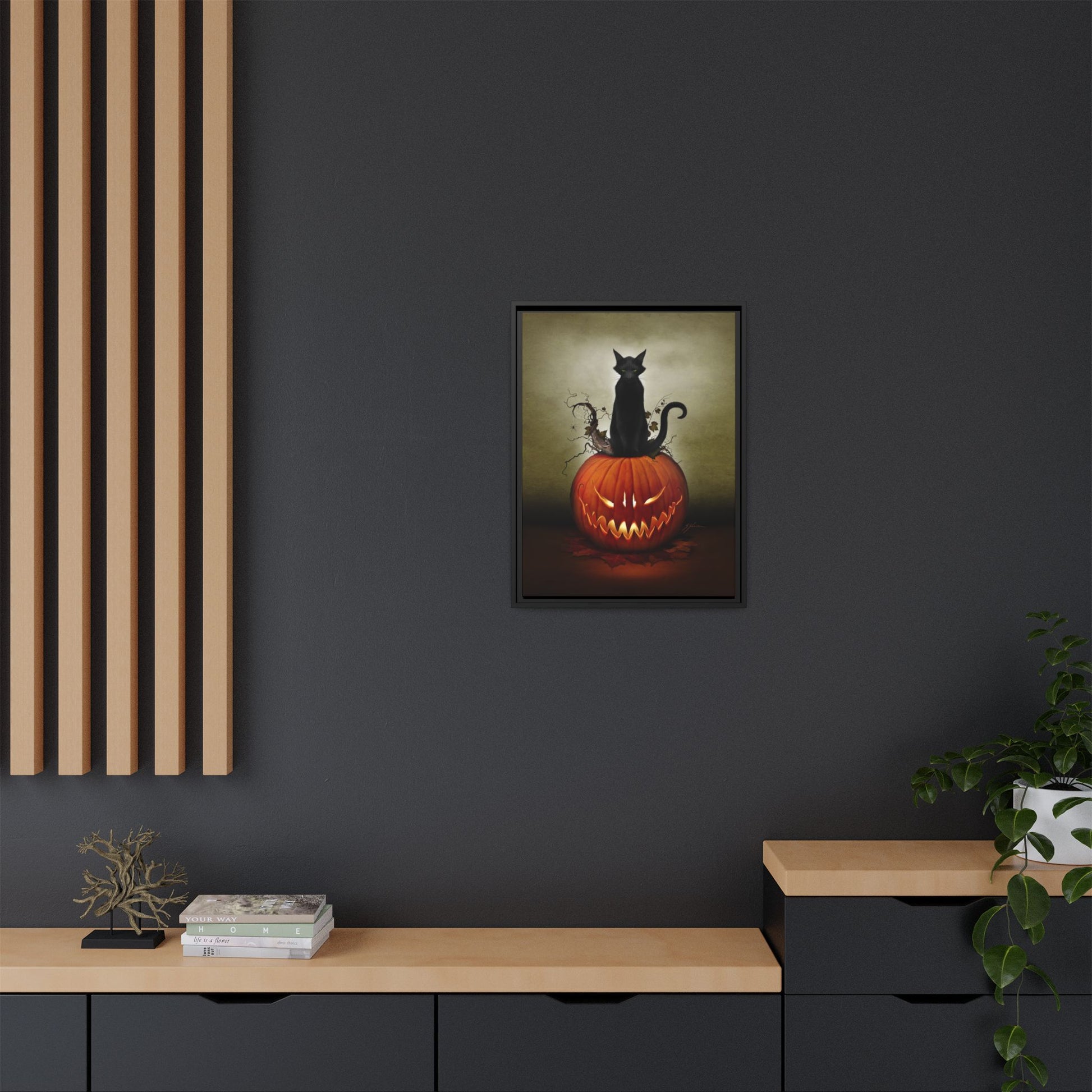 Cat O' Lantern canvas packaging — framed Halloween dark art by Mister Sam Shearon