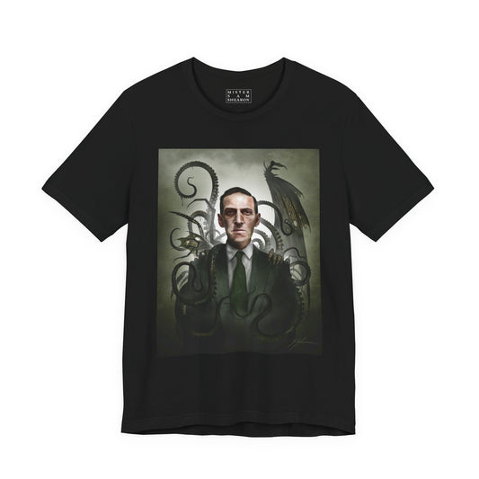 H.P. Lovecraft unisex tee — original cosmic horror dark art portrait by Mister Sam Shearon