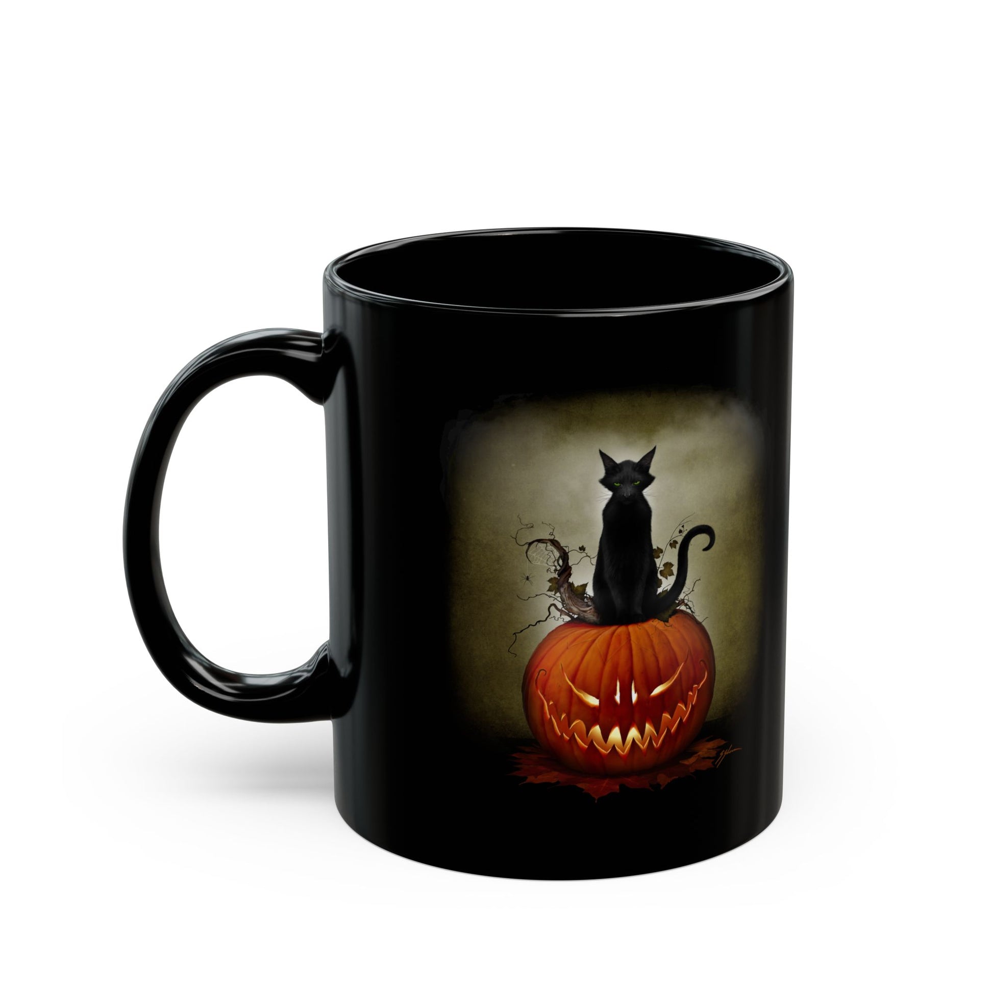 Cat O' Lantern Halloween black mug — original dark art black cat jack-o-lantern design by Mister Sam Shearon