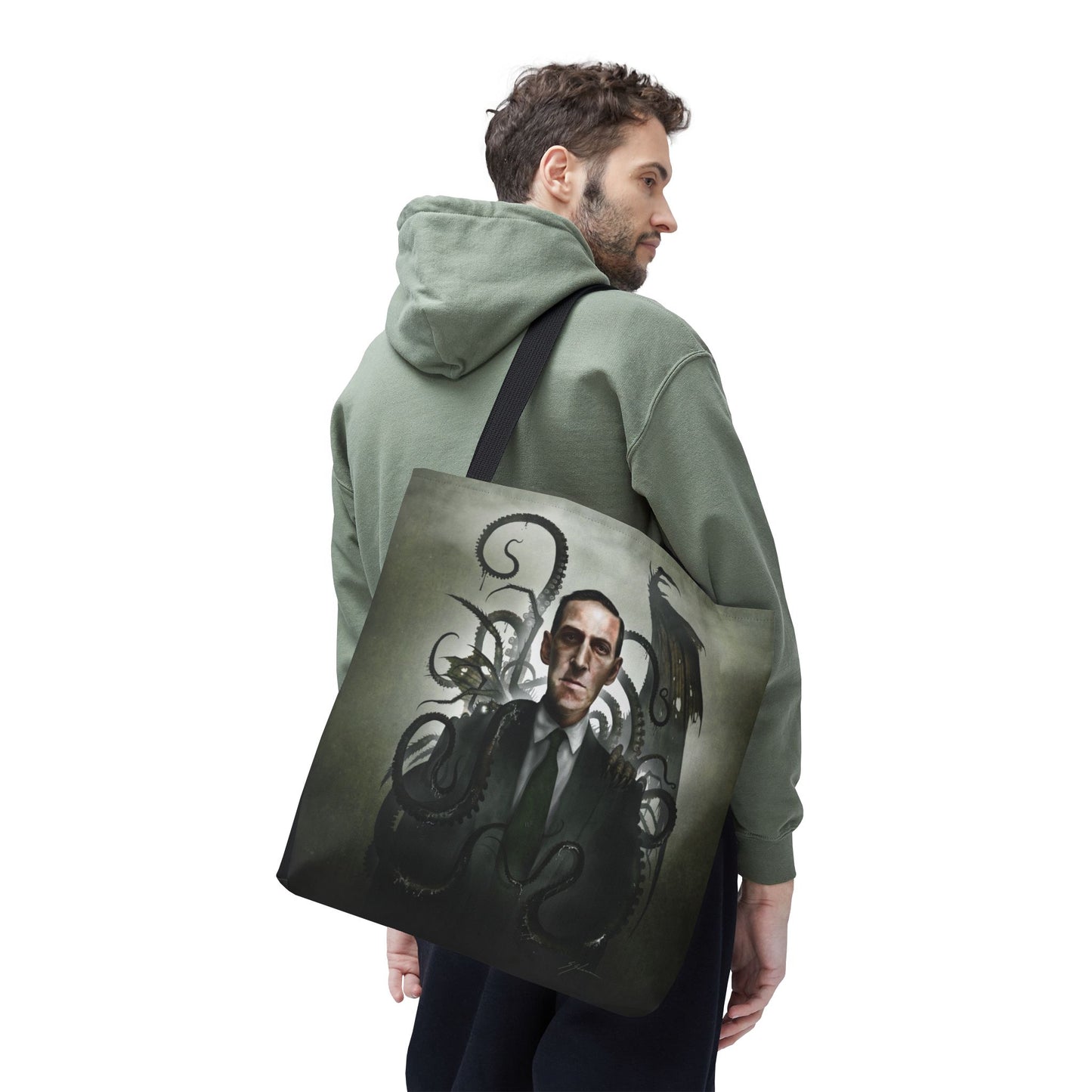 H.P. Lovecraft tote bag lifestyle — gothic cosmic horror accessory by Mister Sam Shearon