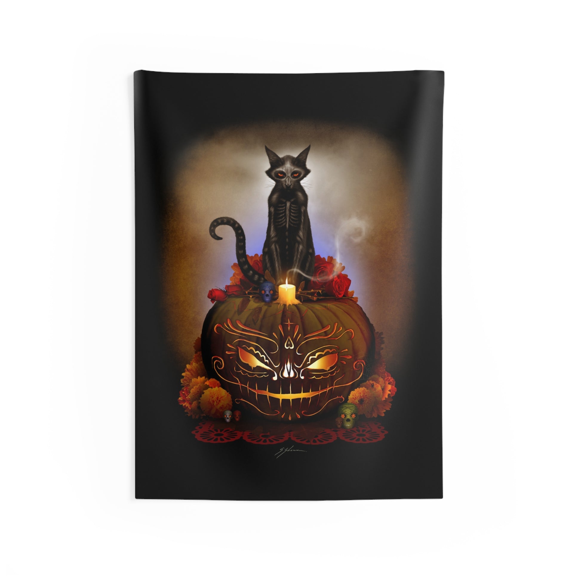 Día De Los Meowtos wall tapestry 26"x36" — Day of the Dead dark art by Mister Sam Shearon