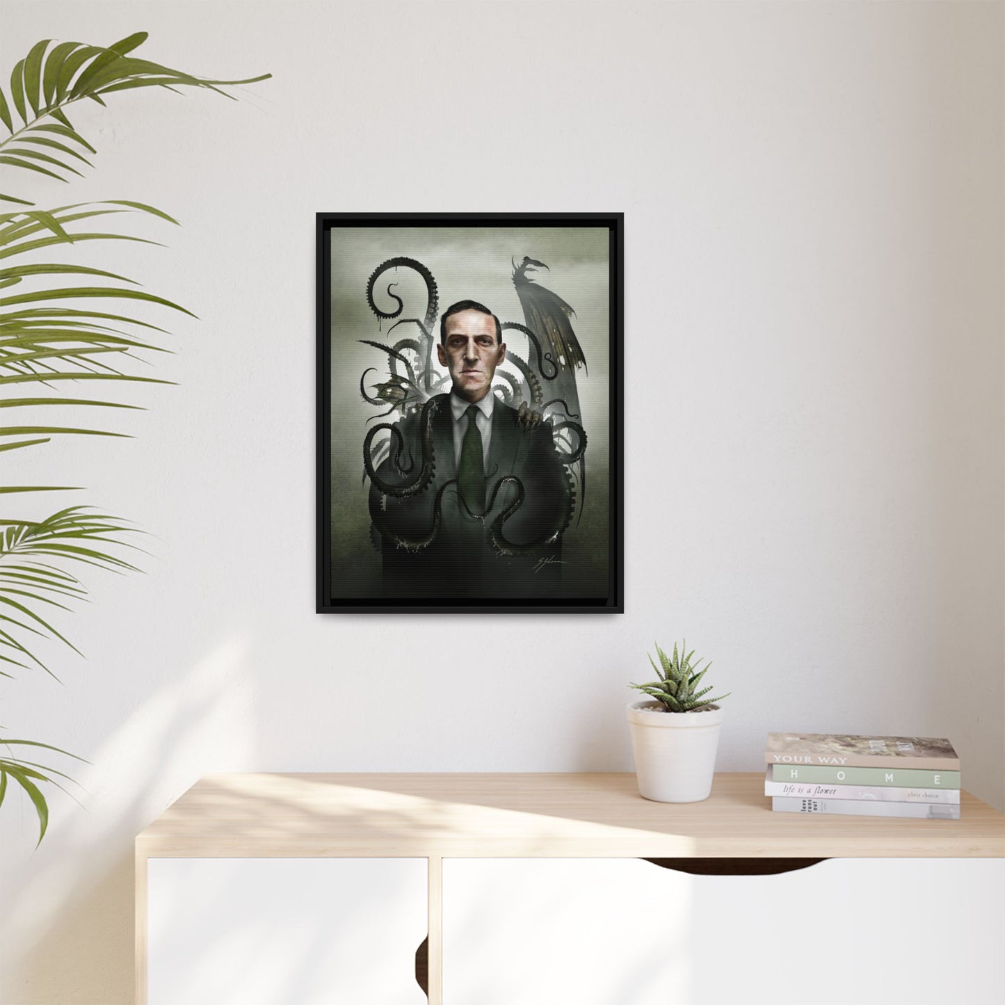 H.P. Lovecraft framed canvas side view — pinewood frame cosmic horror art by Mister Sam Shearon