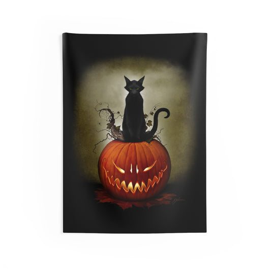 Cat O' Lantern indoor wall tapestry — original Halloween dark art by Mister Sam Shearon