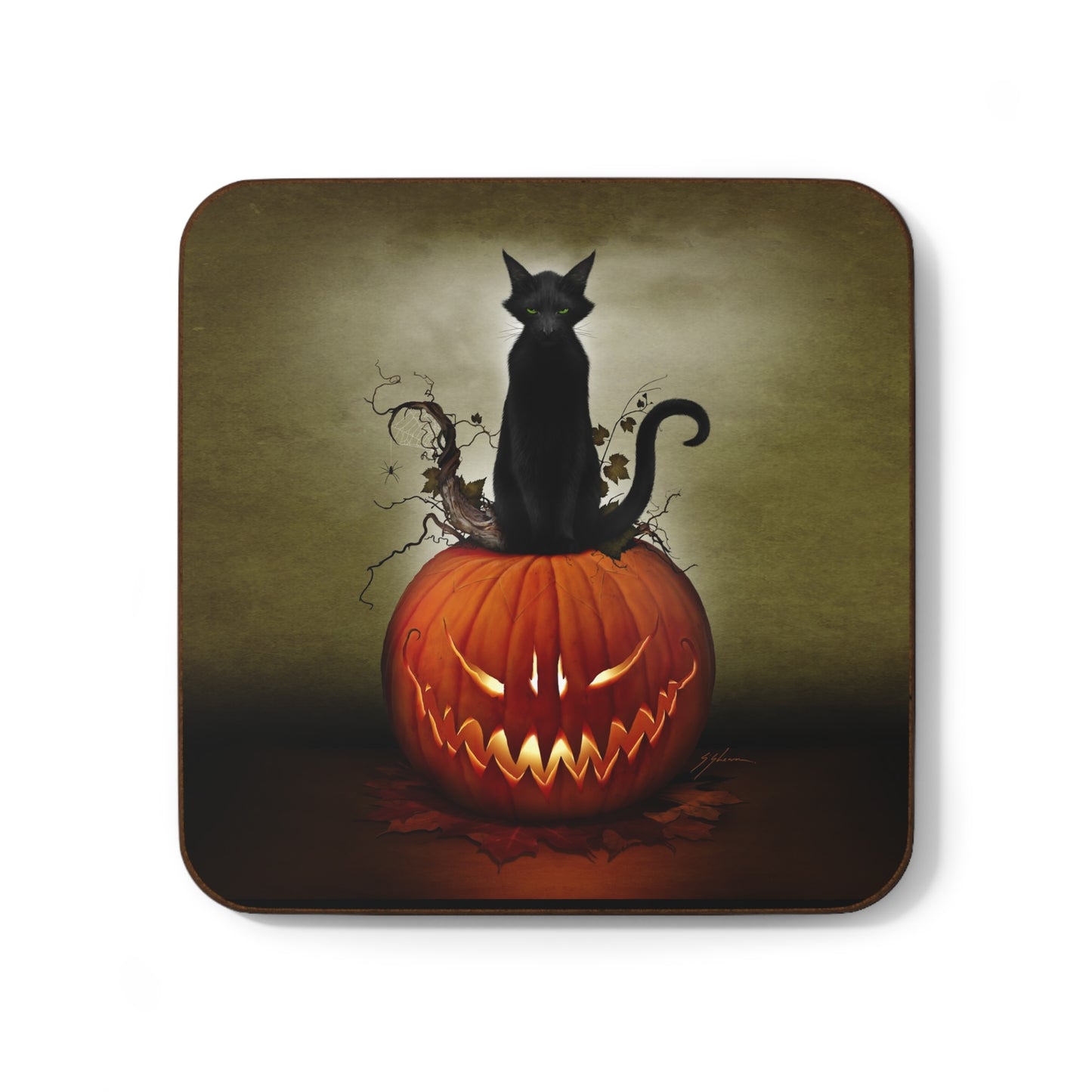 Cat O' Lantern Halloween coaster — black cat on jack-o-lantern dark art by Mister Sam Shearon