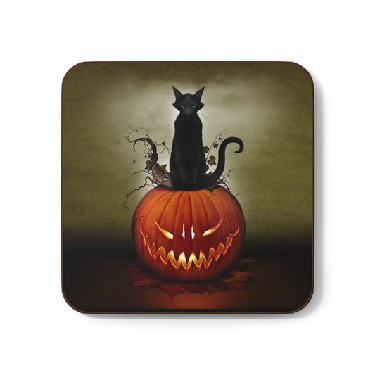 Cat O' Lantern Halloween coaster — black cat on jack-o-lantern dark art by Mister Sam Shearon