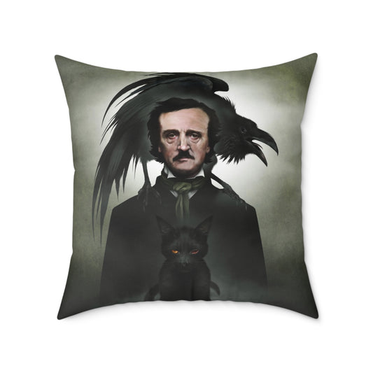 Edgar Allan Poe square canvas pillow by Mister Sam Shearon — gothic dark art, The Raven, horror literature, human-made, non-AI. 