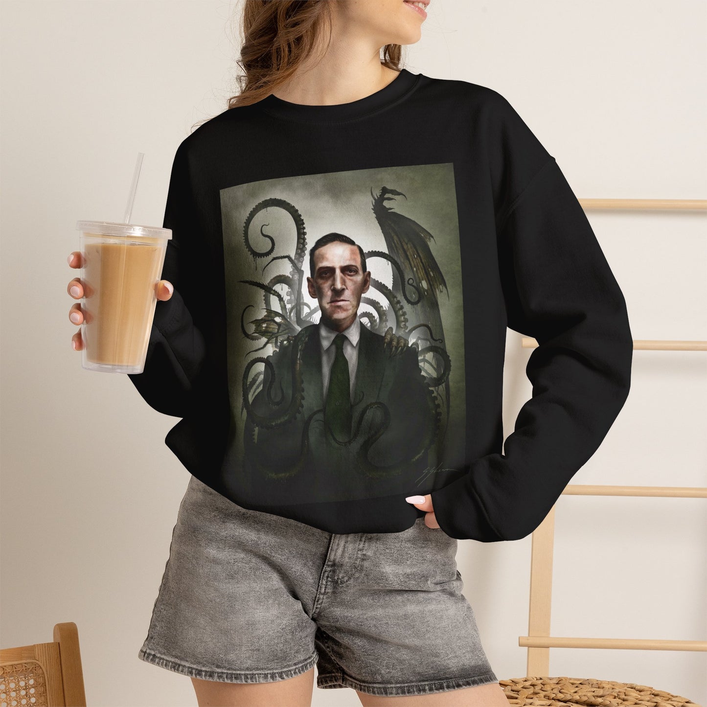H.P. Lovecraft sweatshirt on-model front — unisex heavy blend crewneck with eldritch artwork