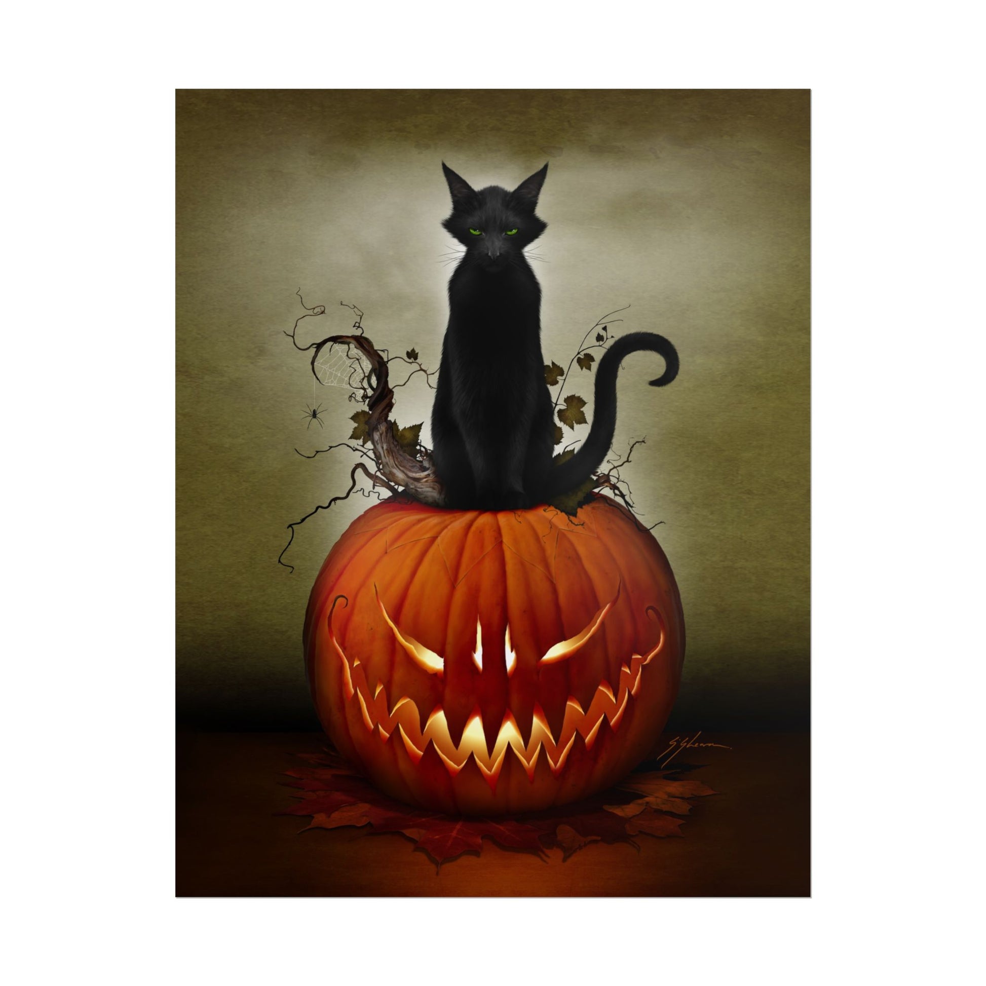 Cat O' Lantern rolled poster print — original Halloween dark art by Mister Sam Shearon