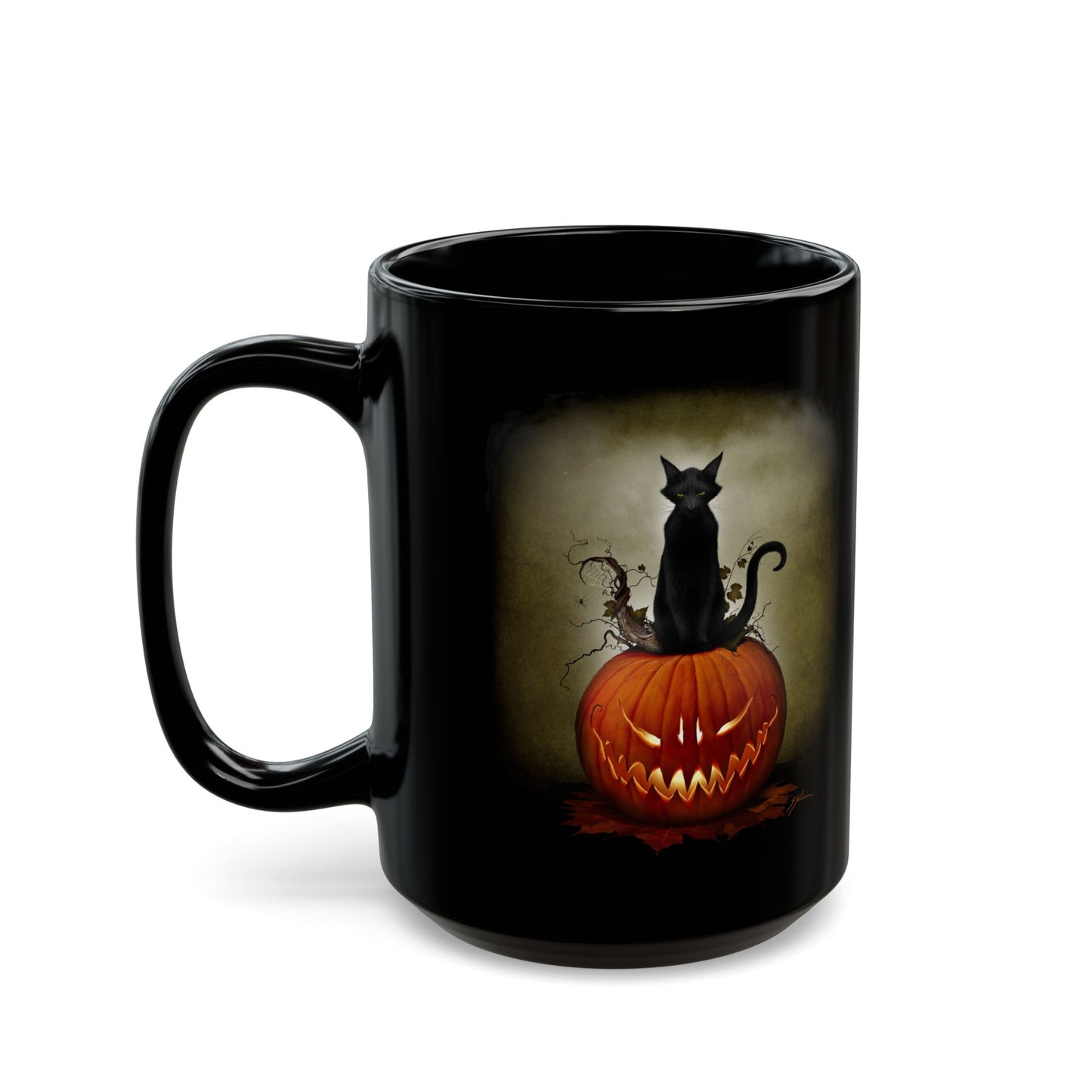 Cat O' Lantern Halloween mug 11oz — gothic black cat pumpkin dark art by Mister Sam Shearon