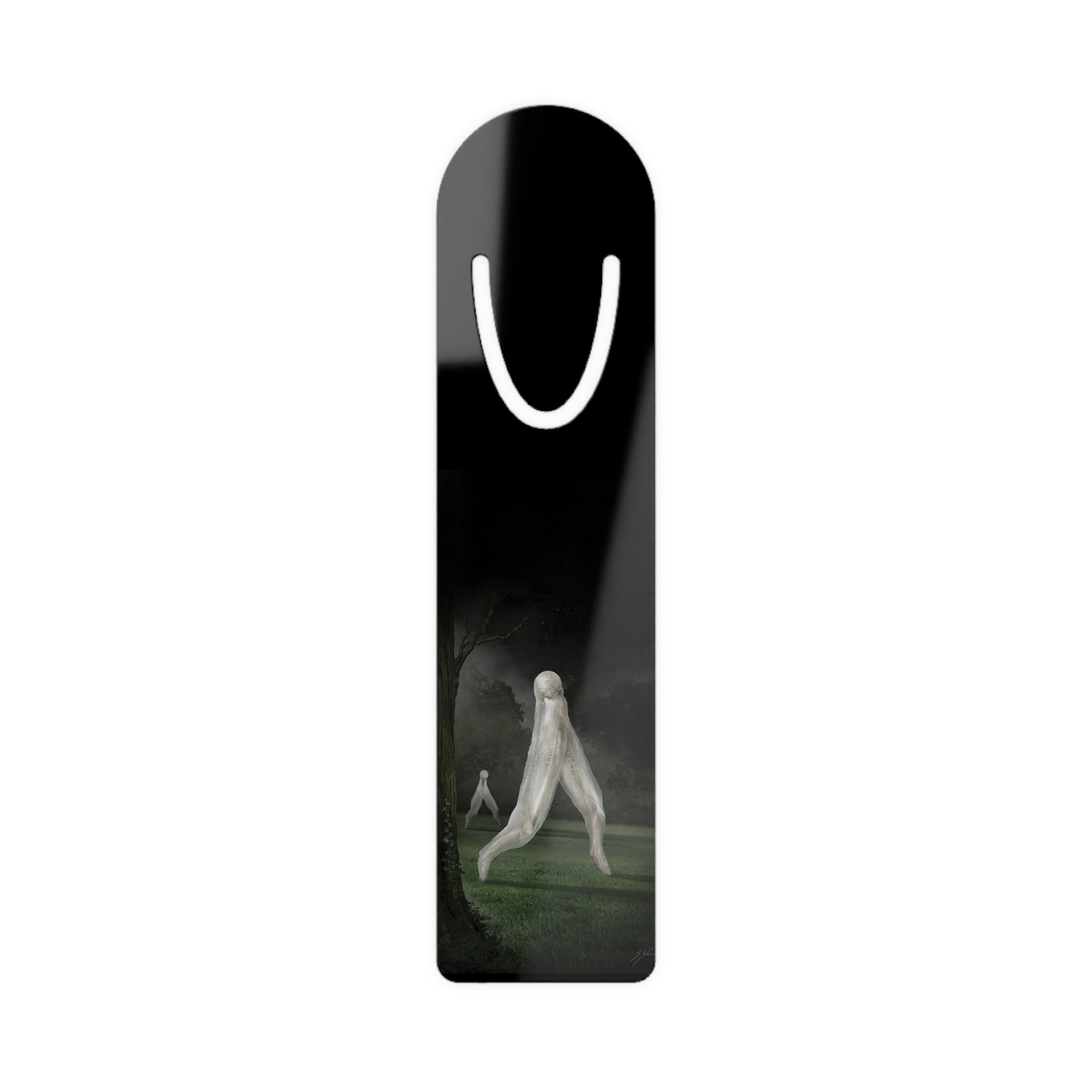 Nightcrawler aluminum bookmark by Mister Sam Shearon — dark art, cryptid, creepypasta, paranormal, horror, human-made, non-AI. 