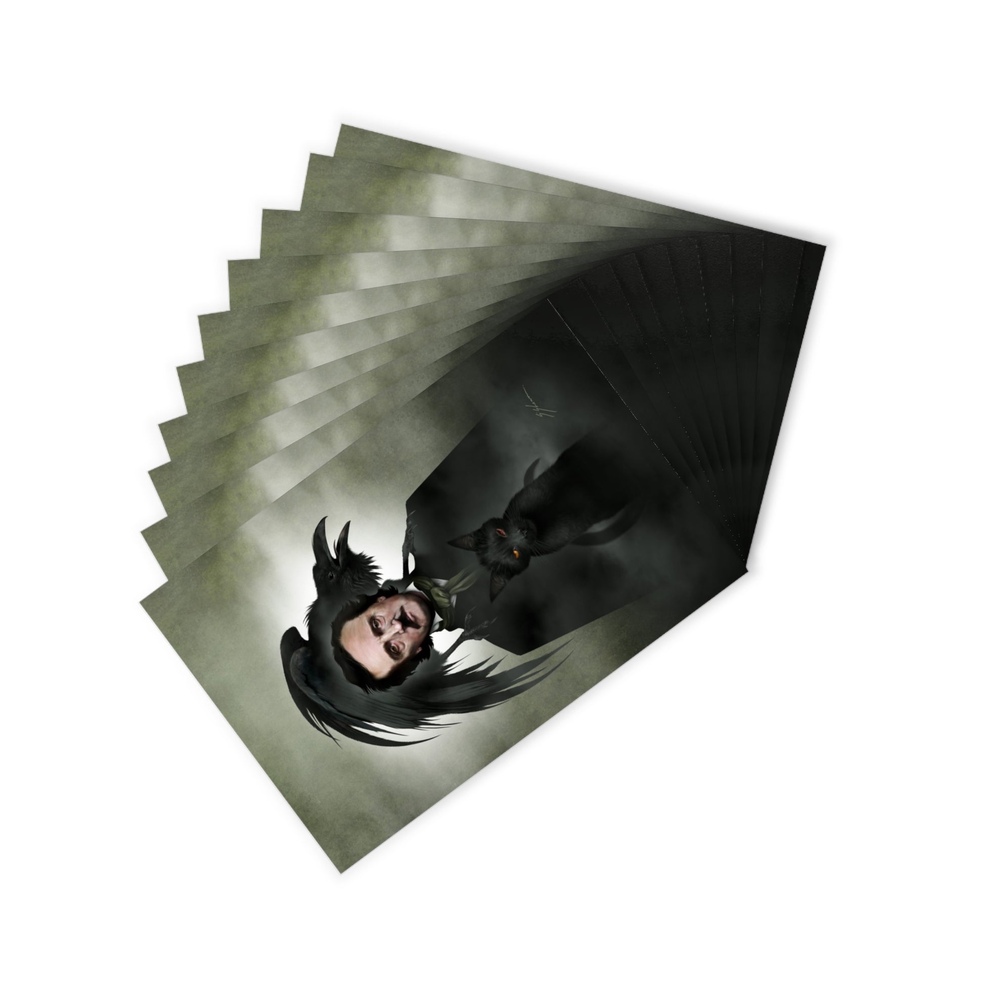 Edgar Allan Poe postcard set by Mister Sam Shearon — gothic dark art, The Raven, horror literature, human-made, non-AI. 