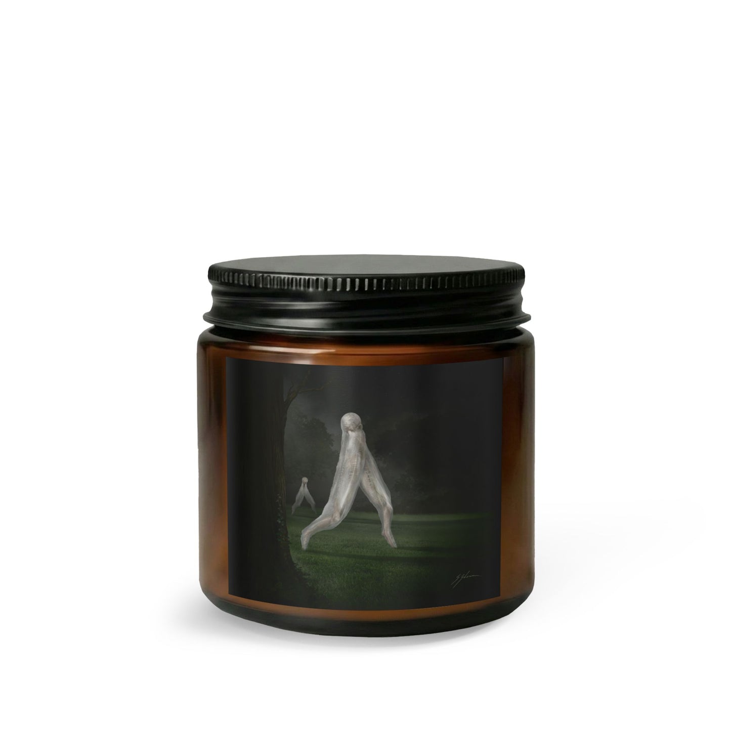 Nightcrawler amber jar candle — cryptid horror art by Mister Sam Shearon, 4oz and 9oz sizes