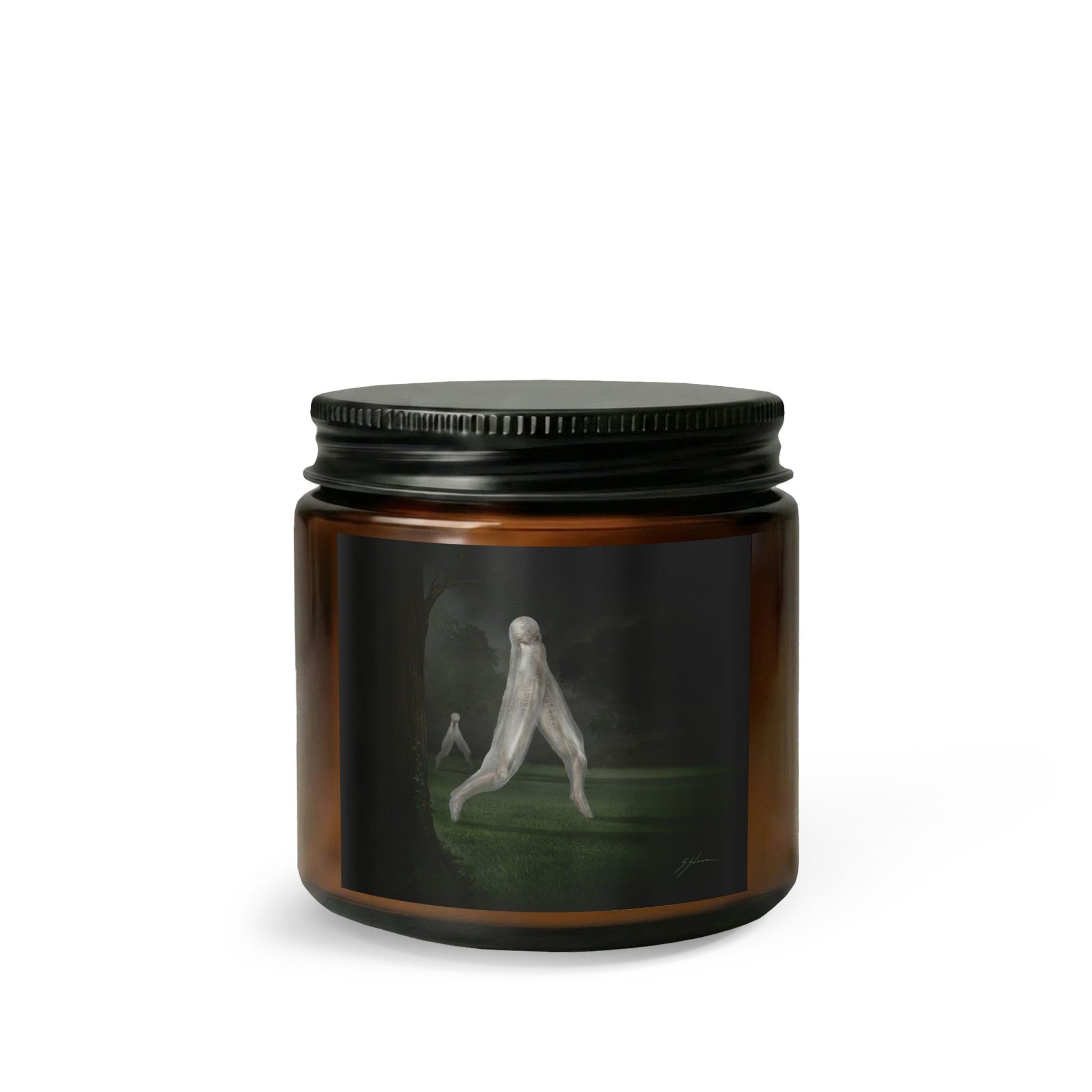 Nightcrawler amber jar candle — cryptid horror art by Mister Sam Shearon, 4oz and 9oz sizes