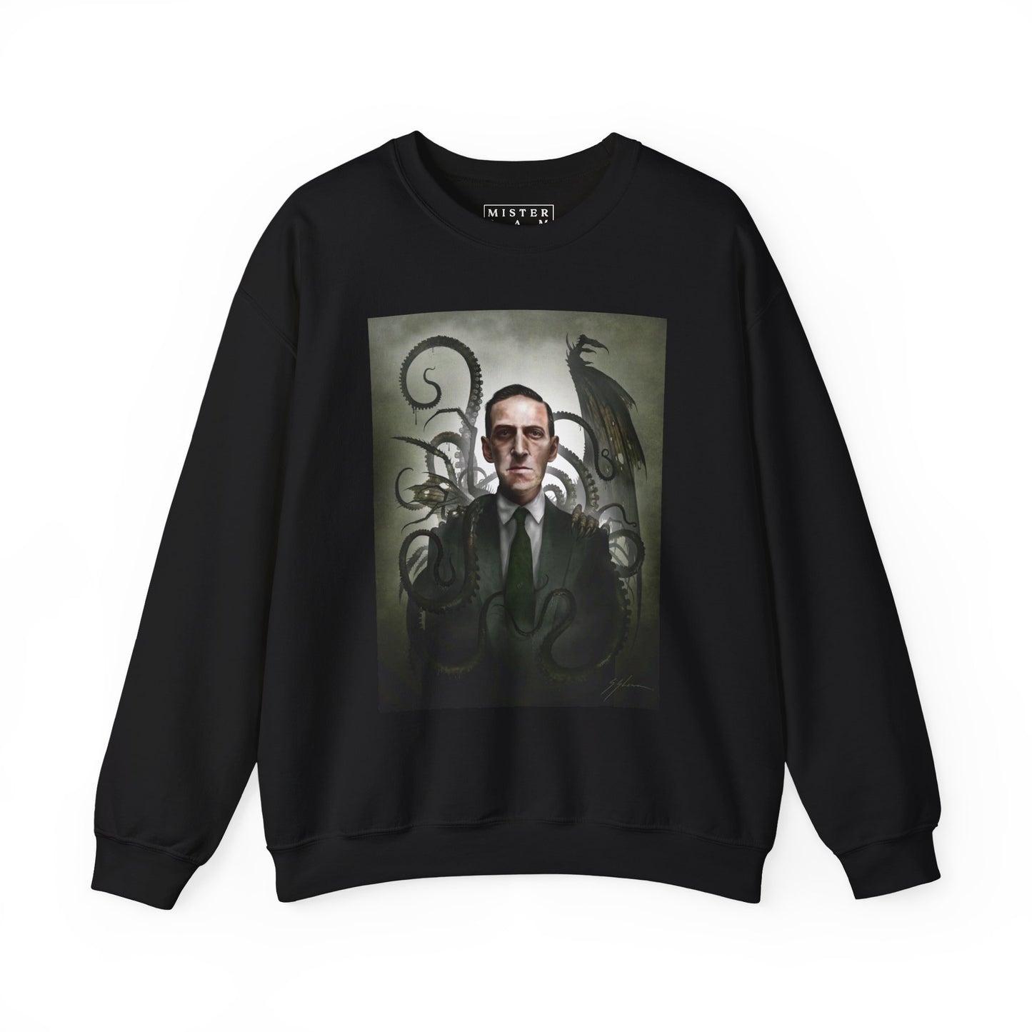 H.P. Lovecraft crewneck sweatshirt front — original dark art by Mister Sam Shearon on black Gildan heavy blend