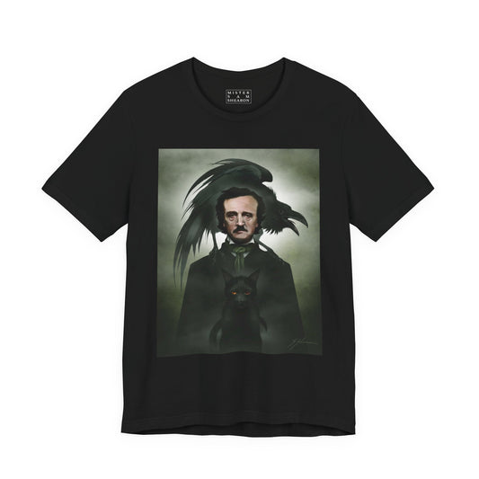 Edgar Allan Poe unisex t-shirt by Mister Sam Shearon — gothic dark art, The Raven, horror literature, human-made, non-AI. 