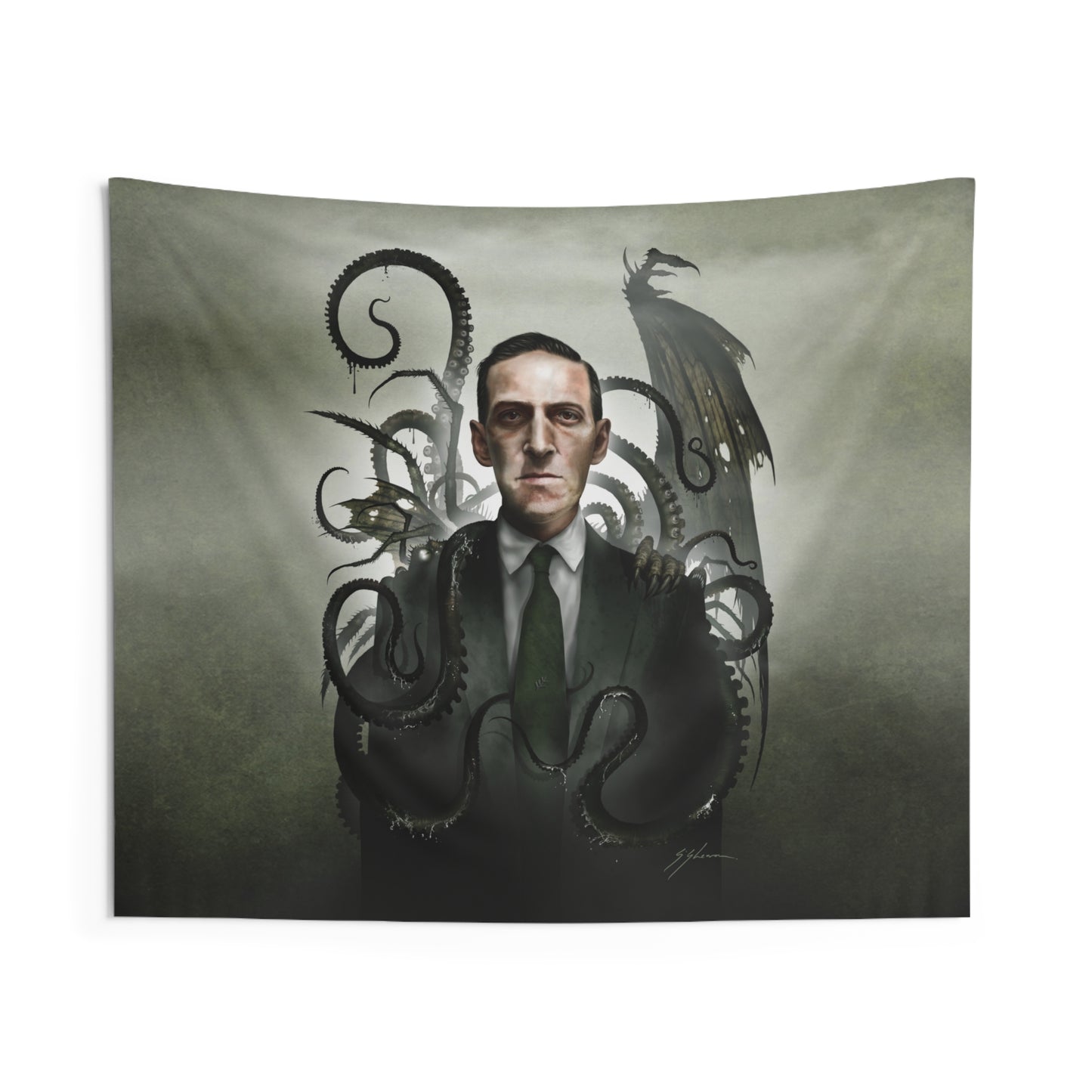 H.P. Lovecraft tapestry detail — Mister Sam Shearon Lovecraftian dark art print close-up