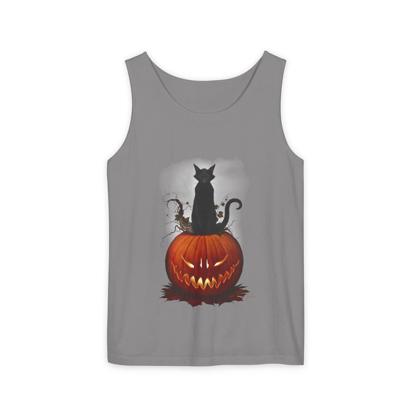 Cat O' Lantern garment-dyed tank — All Hallows' Eve gothic art by Mister Sam Shearon