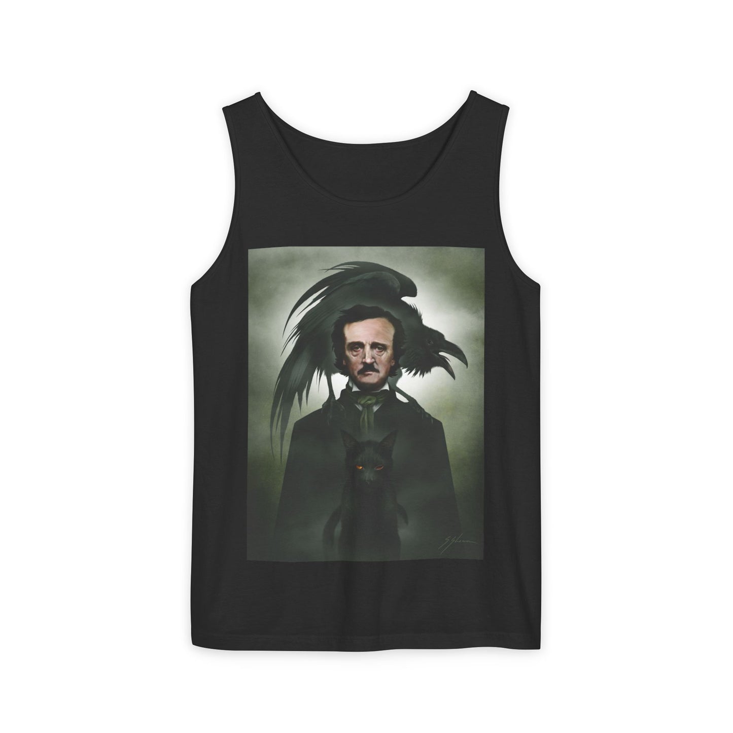 Edgar Allan Poe unisex garment-dyed tank top — original gothic dark art by Mister Sam Shearon