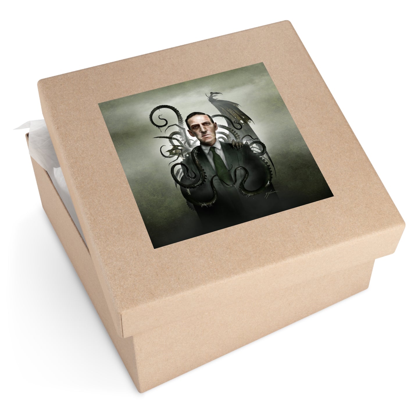 H.P. Lovecraft indoor/outdoor square stickers by Mister Sam Shearon — Cthulhu cosmic horror gothic dark art, eldritch horror, human-made, non-AI. 