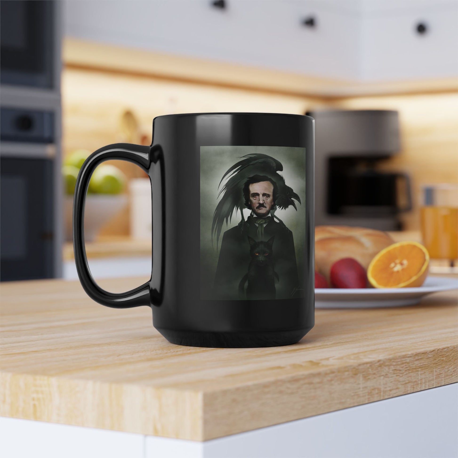 Edgar Allan Poe mug detail — original cryptid dark art by Mister Sam Shearon