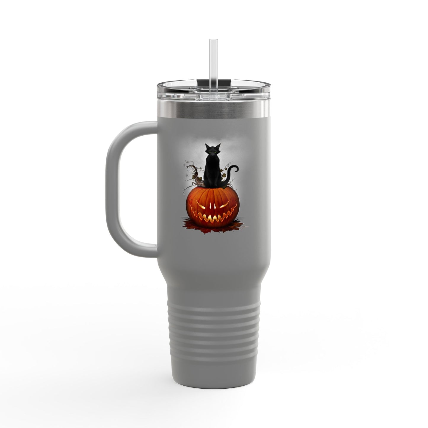 Cat O' Lantern travel mug side detail — black cat jack-o-lantern Halloween design by Mister Sam Shearon