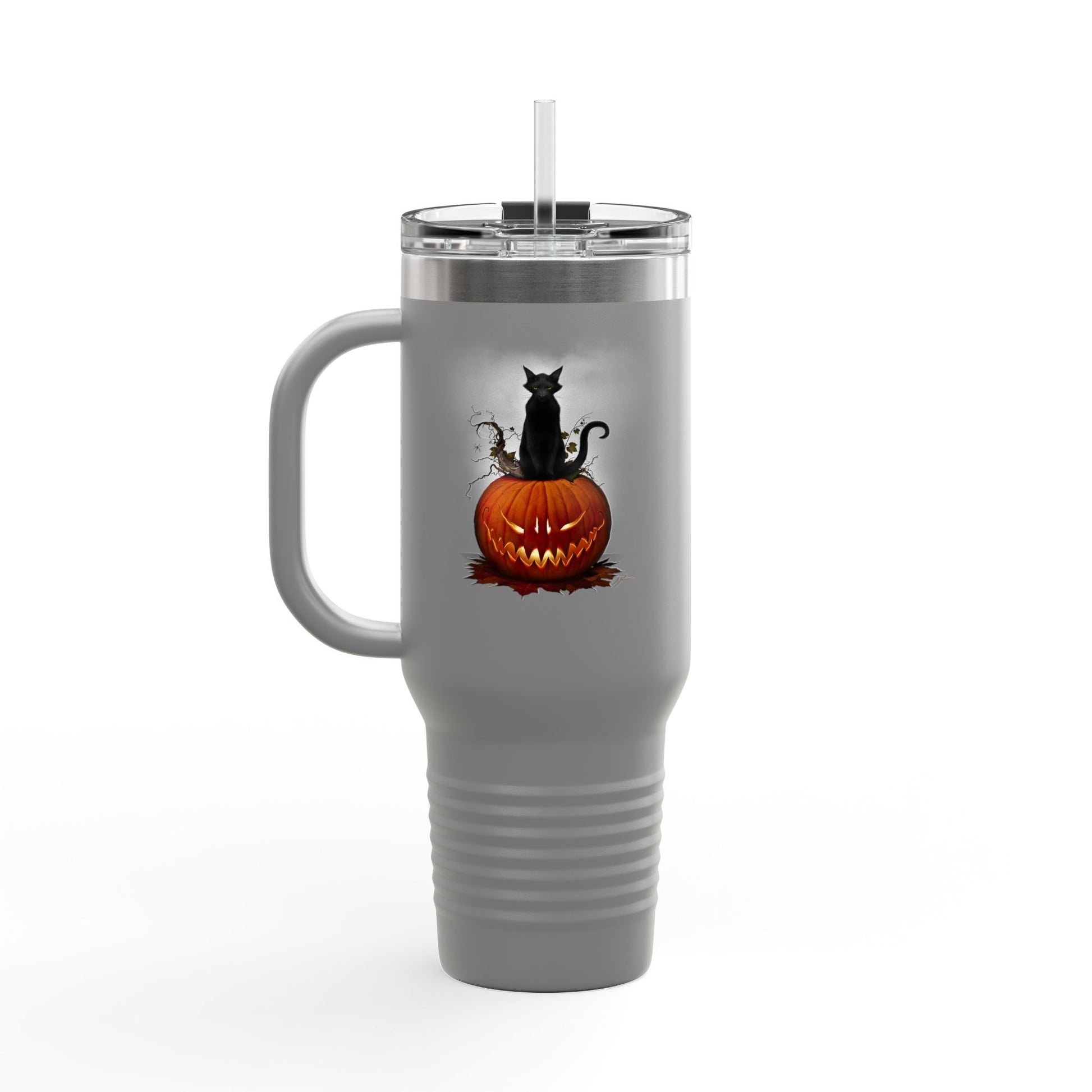 Cat O' Lantern travel mug side detail — black cat jack-o-lantern Halloween design by Mister Sam Shearon