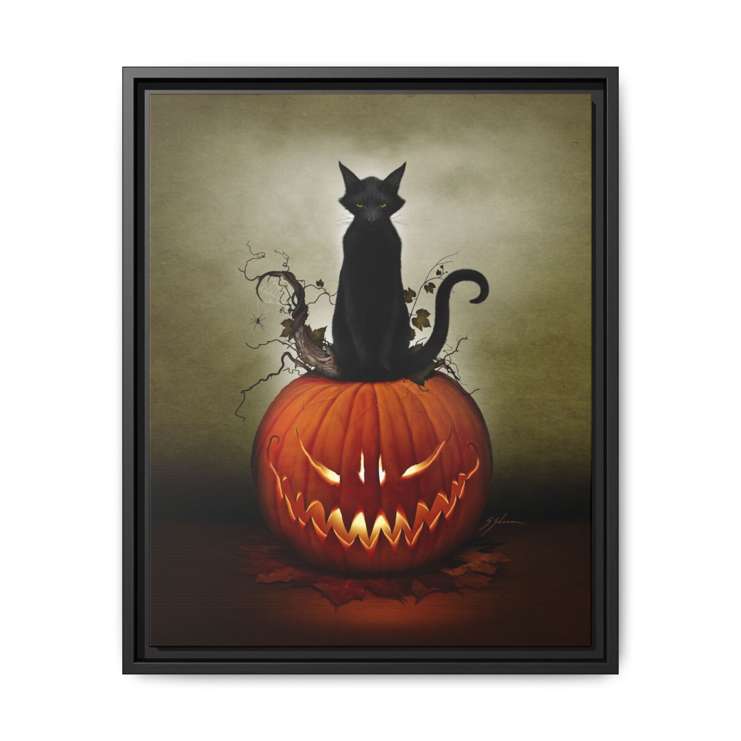 Cat O' Lantern canvas 12x16 — black cat on jack-o-lantern wall art by Mister Sam Shearon