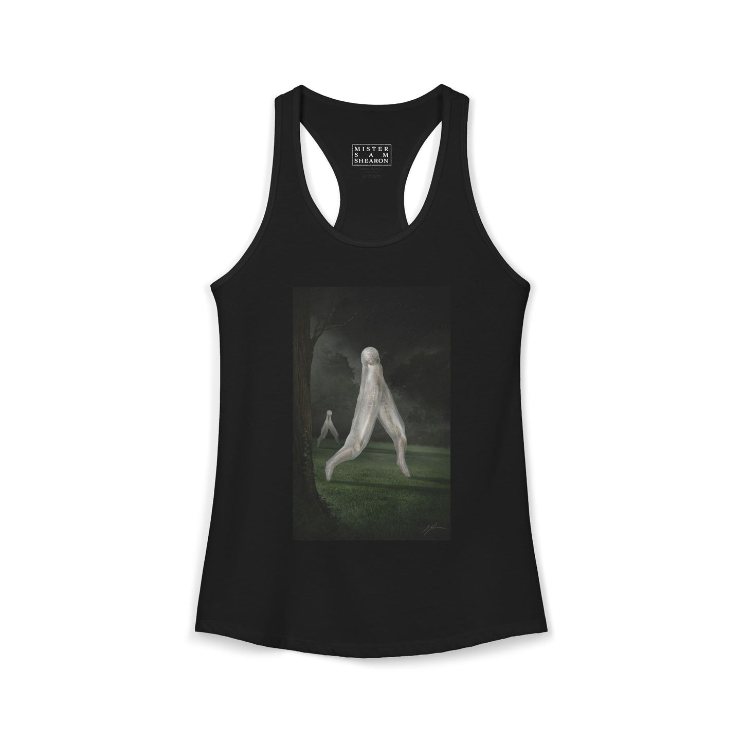 Nightcrawler women's racerback tank by Mister Sam Shearon — dark art, cryptid, creepypasta, paranormal, horror, human-made, non-AI.