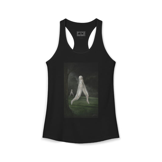 Nightcrawler women's racerback tank — original cryptid dark art by Mister Sam Shearon