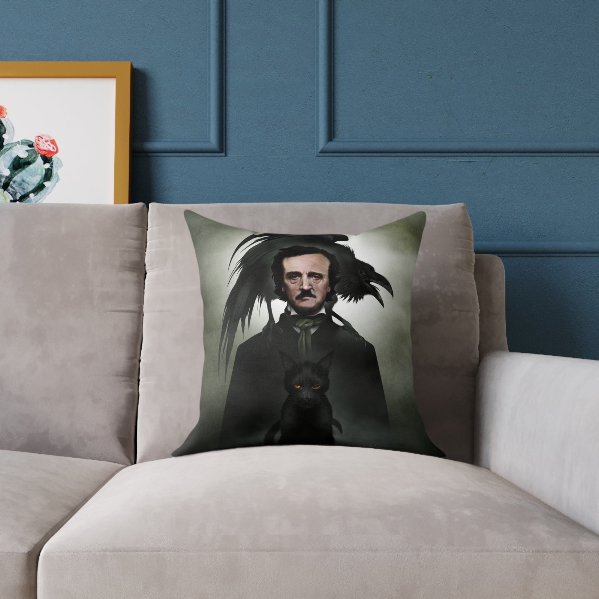 Edgar Allan Poe canvas pillow detail — gothic literary dark art by Mister Sam Shearon