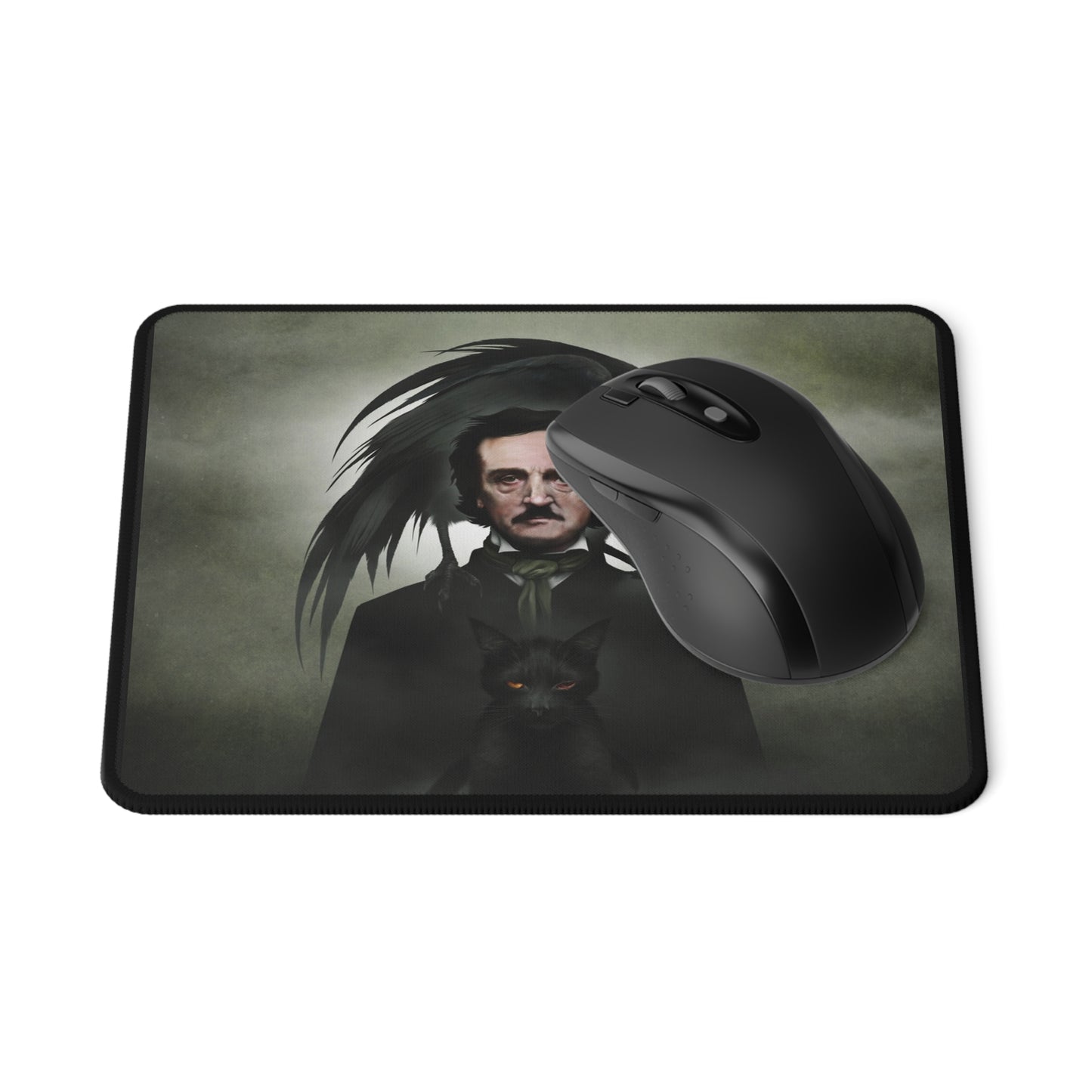 Edgar Allan Poe mouse pad on desk — gothic literary dark art by Mister Sam Shearon