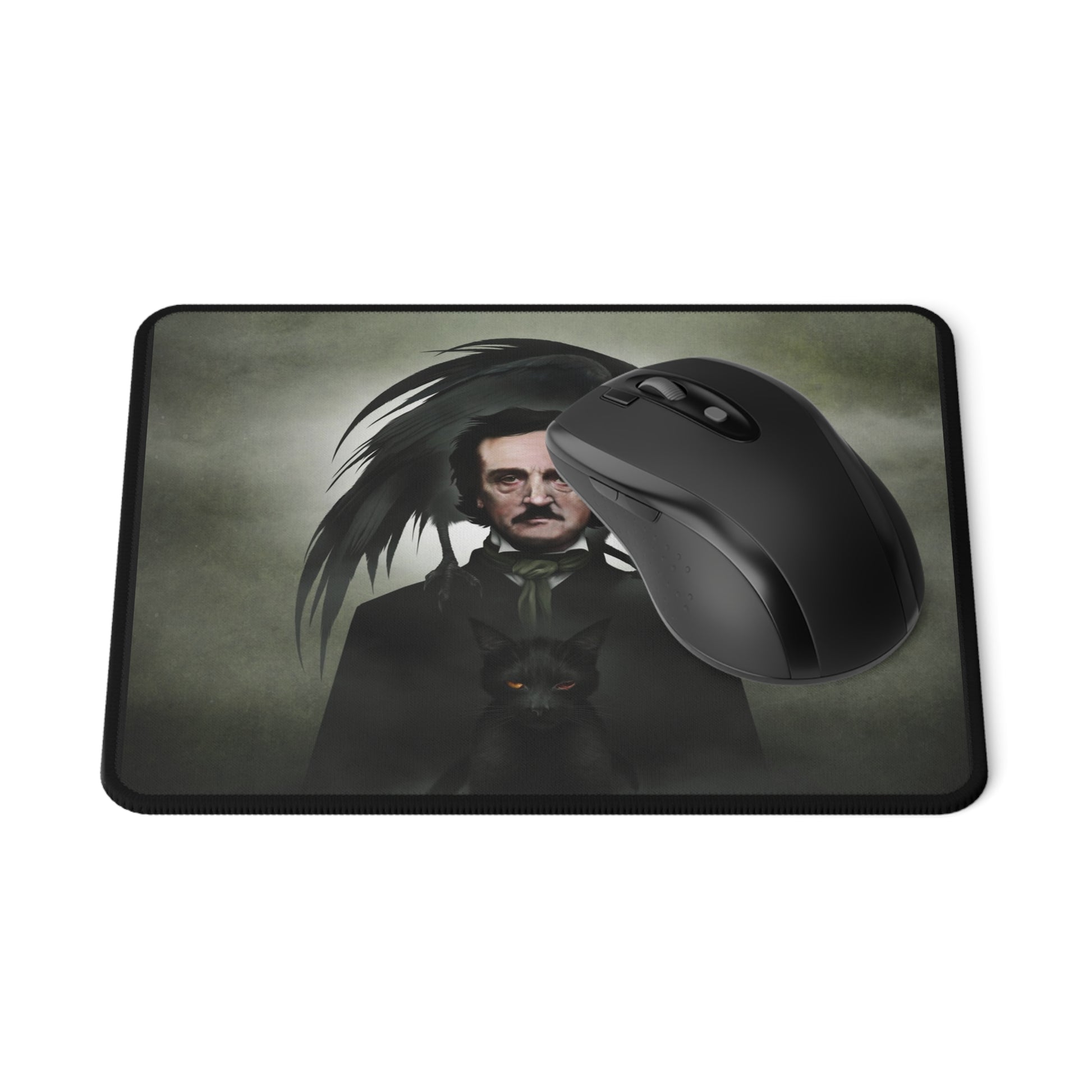Edgar Allan Poe mouse pad on desk — gothic literary dark art by Mister Sam Shearon