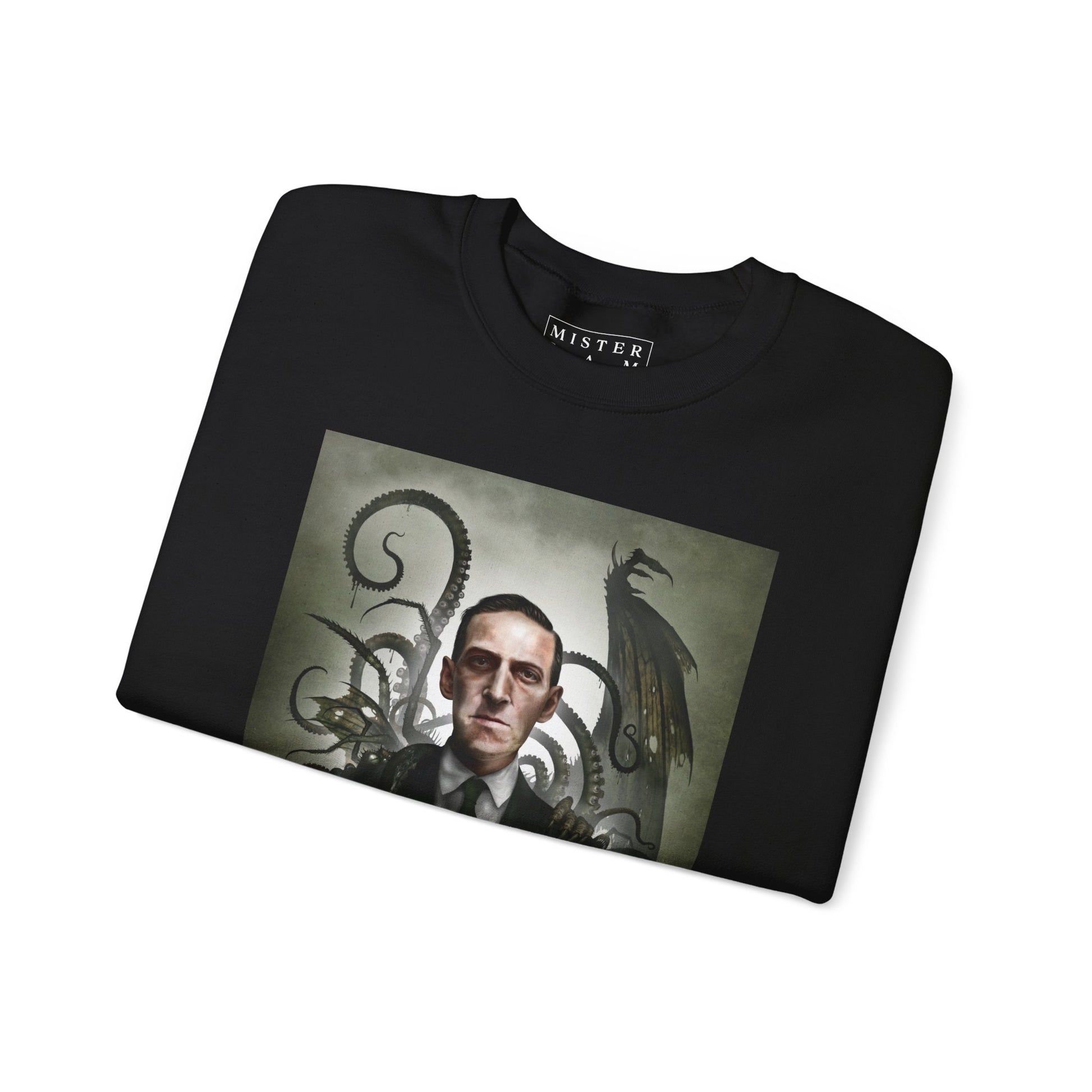 H.P. Lovecraft crewneck sweatshirt flat lay — Mister Sam Shearon dark art design