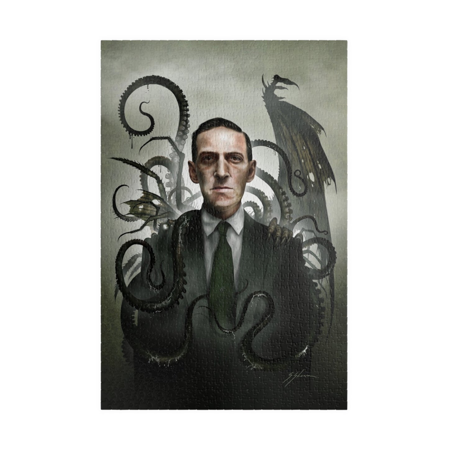 H.P. Lovecraft jigsaw puzzle by Mister Sam Shearon — Cthulhu cosmic horror gothic dark art, eldritch horror, human-made, non-AI. 