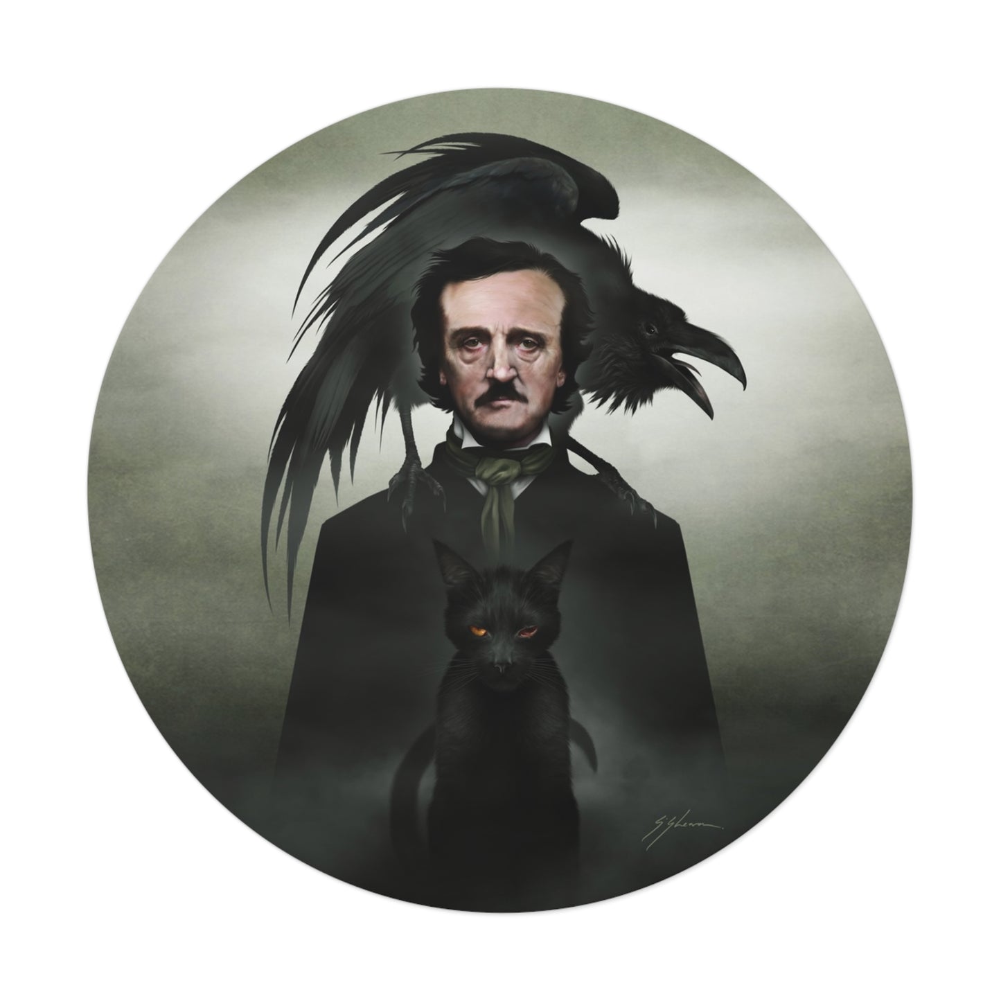 Edgar Allan Poe round vinyl sticker — original gothic dark art by Mister Sam Shearon