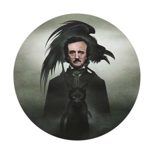 Edgar Allan Poe round vinyl sticker — original gothic dark art by Mister Sam Shearon